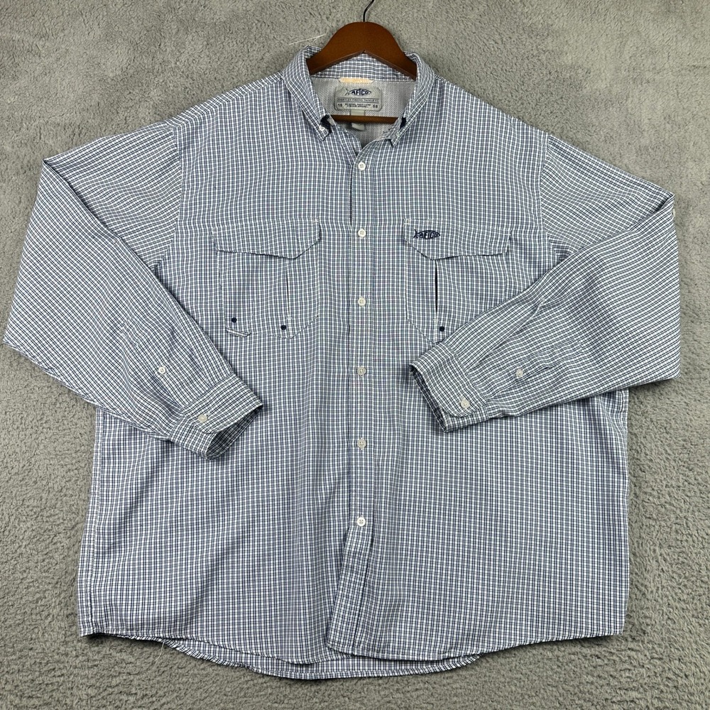 AFTCO Fishing Shirt Mens 2XL Blue Plaid Button Down Vented Glasses Cloth